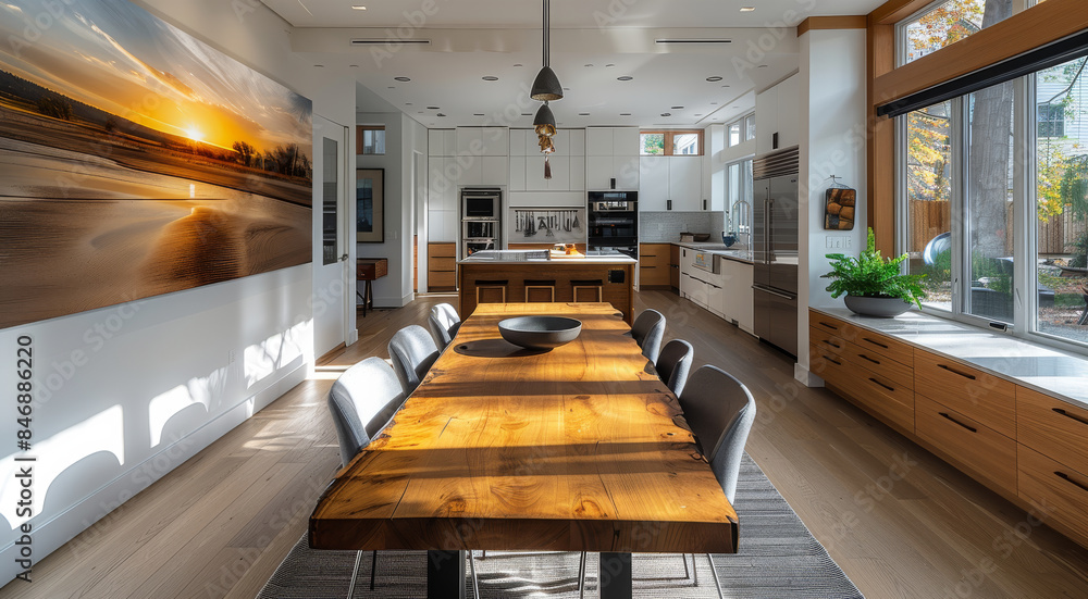 A modern kitchen with large oakwood dining table and a large ...