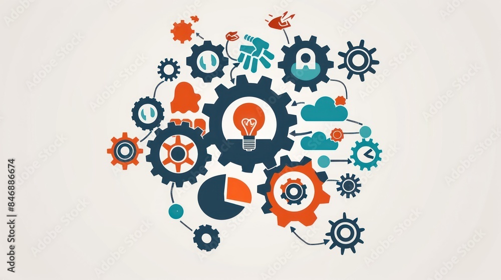 Fototapeta premium Craft an engaging stock photo that celebrates the spirit of invention with gear wheels depicted in vector flat illustration form, accompanied by a creative mind pictogram.