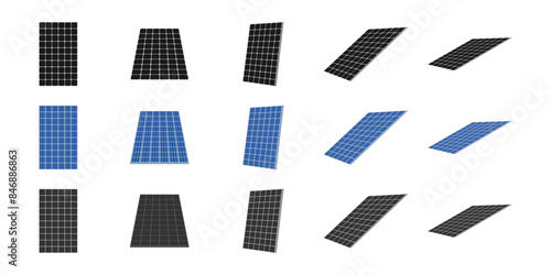 solar panels vector set, Types of Solar Cell Panels with different view. vector illustration isolated on white background.