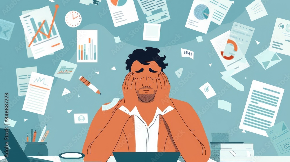 Sad man in vector style, overwhelmed by financial charts, overdue bills, and personal conflict icons around him Sad man in vector style, overwhelmed by financial charts, overdue bills, and personal conflict icons around him