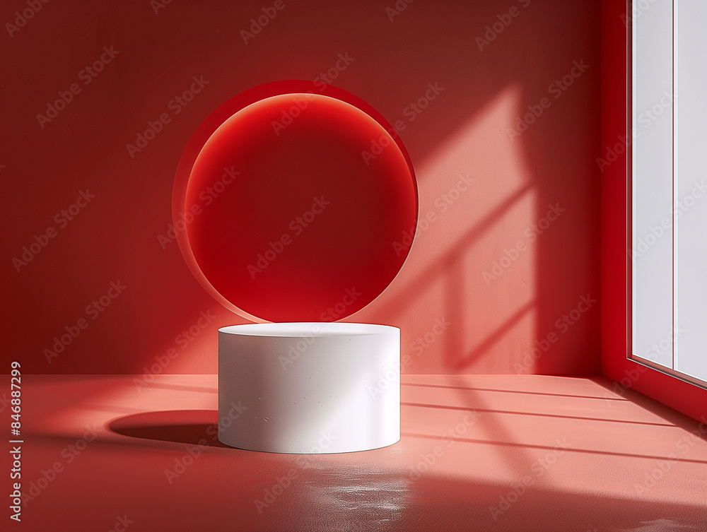 Weißer geometrischer Zylinder, runder Zylinder, rote Rückwand, Präsentationsplattform für Verkaufsartikel Werbebanner Hintergrund Weißer geometrischer Zylinder, runder Zylinder, rote Rückwand, Präsentationsplattform für Verkaufsartikel Werbebanner Hintergrund