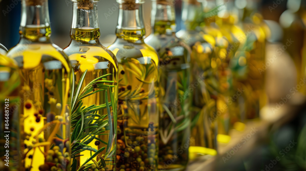 Bottles of herb-infused olive oil with sprigs and spices, like rosemary and pepper. Close-up product photography for design and print. Bottles of herb-infused olive oil with sprigs and spices, like rosemary and pepper. Close-up product photography for design and print.