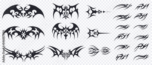 Collection of Tribal Tattoo Designs - Vector Set of Black Tribal Art Patterns for Tattoos and Decorations. Hand drawn modern elements for typography, tattoo, poster, cover. Vector illustration