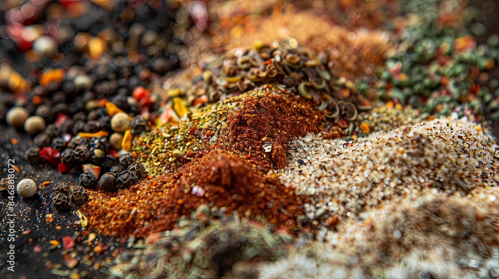 Close-up image of a variety of spices, including black pepper, garlic powder, paprika, and dried herbs, arranged on a kitchen countertop. Generative AI Close-up image of a variety of spices, including black pepper, garlic powder, paprika, and dried herbs, arranged on a kitchen countertop. Generative AI