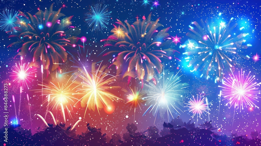 Fototapeta premium Illustrate the splendor of a fireworks display with a dynamic stock photo showcasing a stunning landscape illustration bathed in the brilliance of colorful bursts, creating a scene of festive revelry.
