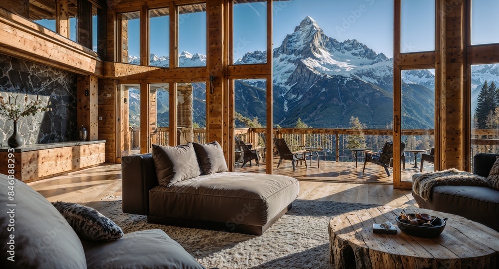 A breathtaking view of the Swiss Alps along with luxurious wooden cabins A breathtaking view of the Swiss Alps along with luxurious wooden cabins