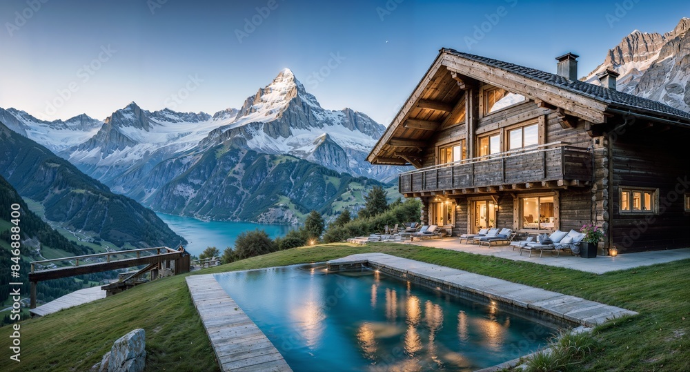 A breathtaking view of the Swiss Alps along with luxurious wooden cabins A breathtaking view of the Swiss Alps along with luxurious wooden cabins
