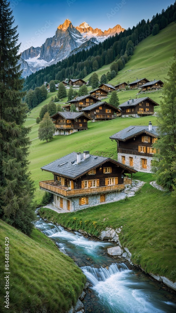 Fototapeta premium A breathtaking view of the Swiss Alps along with luxurious wooden cabins