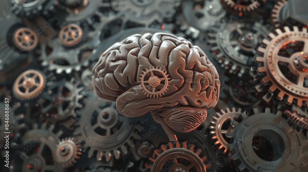 Obraz premium Visualize the fusion of knowledge and mechanics with a striking stock photo featuring a brain integrated with gear designs, symbolizing the intricate workings of the human mind.
