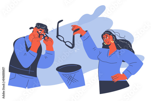 People throw glasses in trash after vision treatment or laser correction. Improving and correcting vision with laser surgery and ophthalmotherapy, using contact lenses, vector illustration isolated.