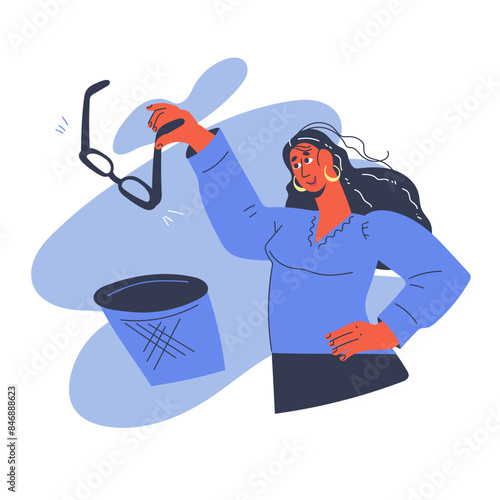 Woman throwing out eyeglasses into rubbish bin after vision treatment. Improvement and correction of vision through laser surgery and ophthalmic therapy, cartoon vector illustration isolated on white.