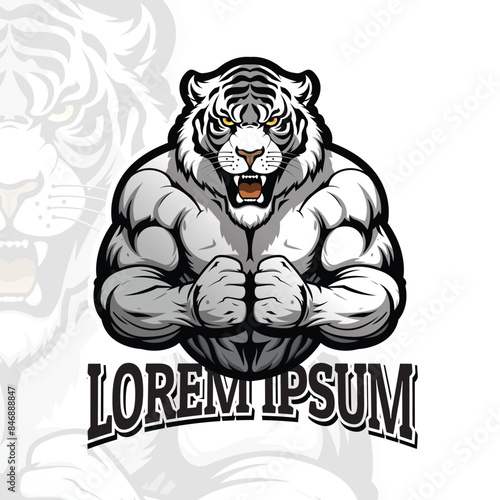 White tiger logo design vector, white tiger muscle illustration, body builder, angry tiger esport