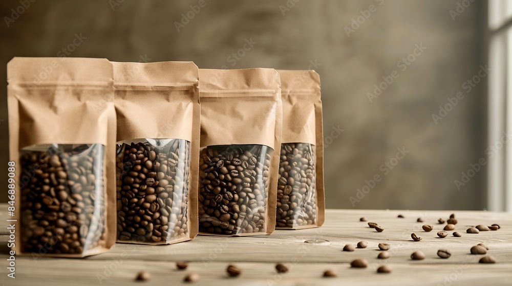 Coffee beans in transparent window pouches on brown paper bags Product packaging mockup with copy space for gourmet branding : Generative AI Coffee beans in transparent window pouches on brown paper bags Product packaging mockup with copy space for gourmet branding : Generative AI