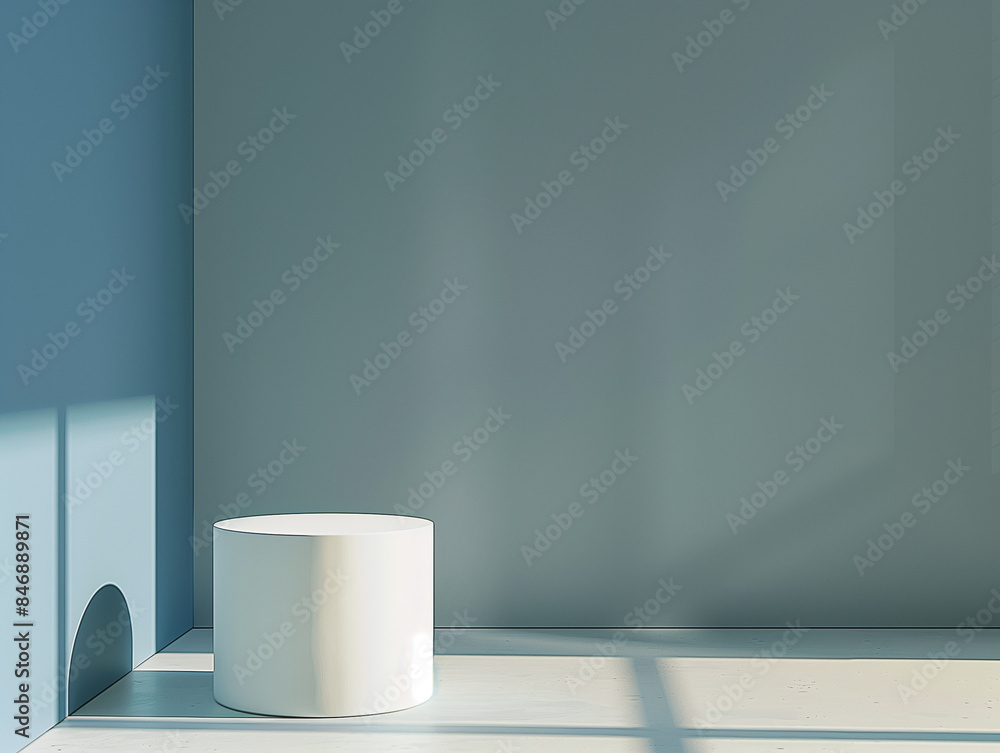 Weißer geometrischer Zylinder, runder Zylinder, blaue Rückwand, Präsentationsplattform für Verkaufsartikel Werbebanner Hintergrund Weißer geometrischer Zylinder, runder Zylinder, blaue Rückwand, Präsentationsplattform für Verkaufsartikel Werbebanner Hintergrund