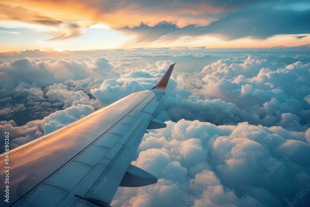 Stunning view from an airplane window with wing visible against a backdrop of clouds and a vibrant sunset Stunning view from an airplane window with wing visible against a backdrop of clouds and a vibrant sunset