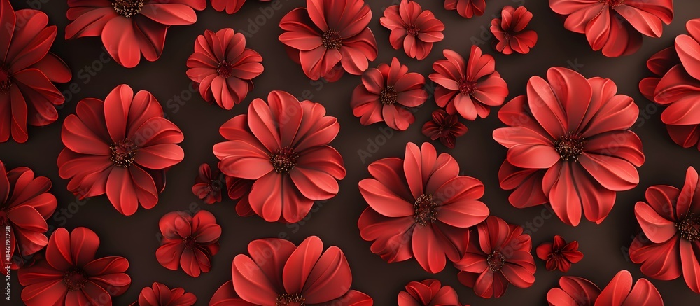 Fototapeta premium 3d render of red flowers on dark brown background seamless pattern, digital art, illustration
