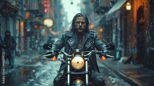 A biker gang in an urban alleyway, with graffiti-covered walls and dramatic lighting, emphasizing the edgy and rebellious nature of the scene