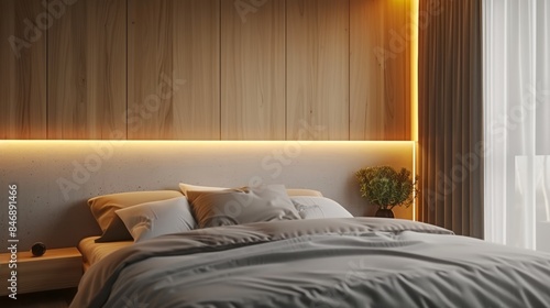 Contemporary Bedroom with Wooden Walls and Garden View. A serene and modern bedroom design featuring wooden walls and a peaceful garden view, promoting relaxation and tranquility.