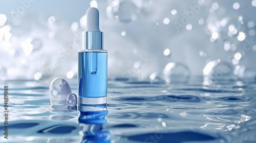 Radiant Blue Bubble Skin Serum with Vitamin Collagen on Water - 3D Rendering Cosmetic Background
