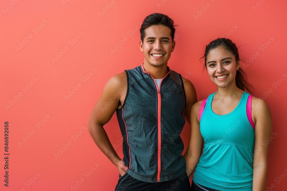 Obraz premium Portrait of a content latino couple in their 20s wearing a lightweight running vest over solid color backdrop
