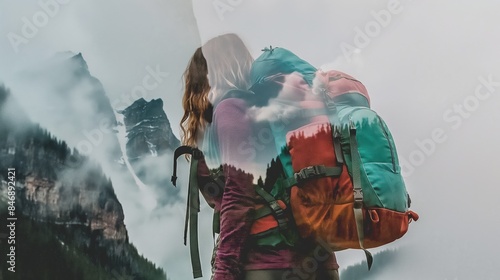 Double exposure of a hiker with a backpack and a scenic mountain landscape, capturing the spirit of adventure and nature. photo