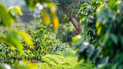 Banner Agriculture Green coffee tree growing berry bean plant Coffee tree farm growth in eco organic garden Panorama Fresh coffee bean green leaf bush berry plant arabica garden with c : Generative AI