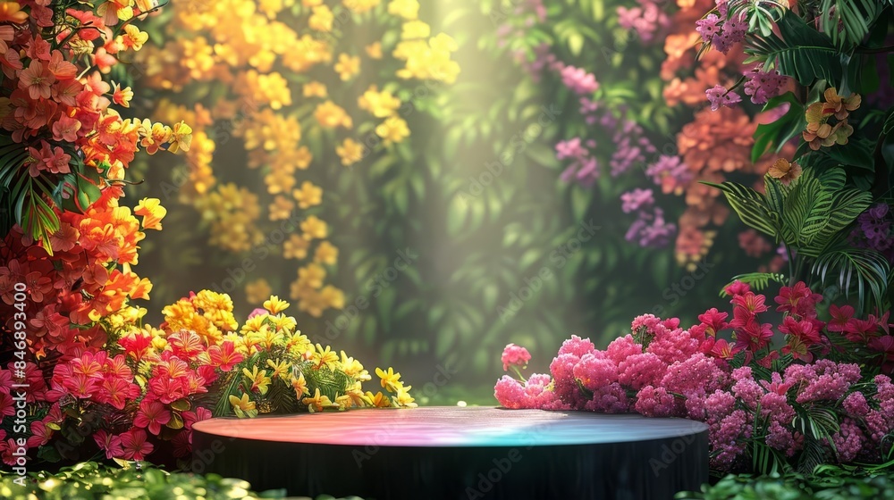 Empty round podium surrounded by a gradient of blooming flowers, transitioning colors, lush green backdrop, stunning 3D display Empty round podium surrounded by a gradient of blooming flowers, transitioning colors, lush green backdrop, stunning 3D display