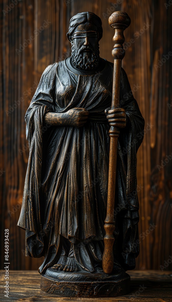 A detailed wooden statue of a robed figure holding a staff, set against a rustic wooden background.