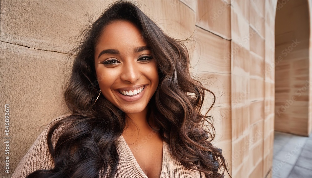 A stylish lady with layered hair and a warm smile poses in front of a wall A stylish lady with layered hair and a warm smile poses in front of a wall