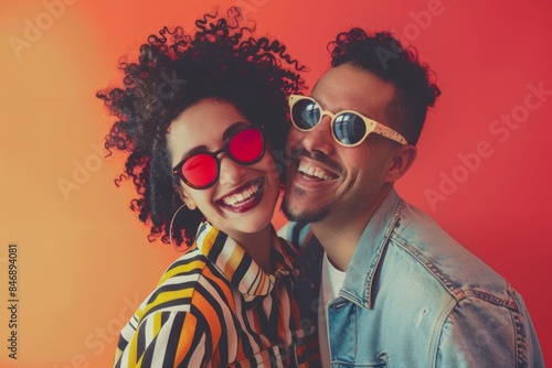 Portrait of a joyful latino couple in their 30s wearing a trendy sunglasses while standing against solid color backdrop