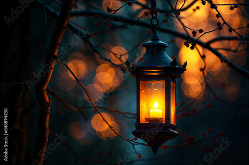 Antique Lantern with Lit Candle Hanging from a Tree Branch at Night, Emitting a Warm Glow in a Mystical Forest Setting