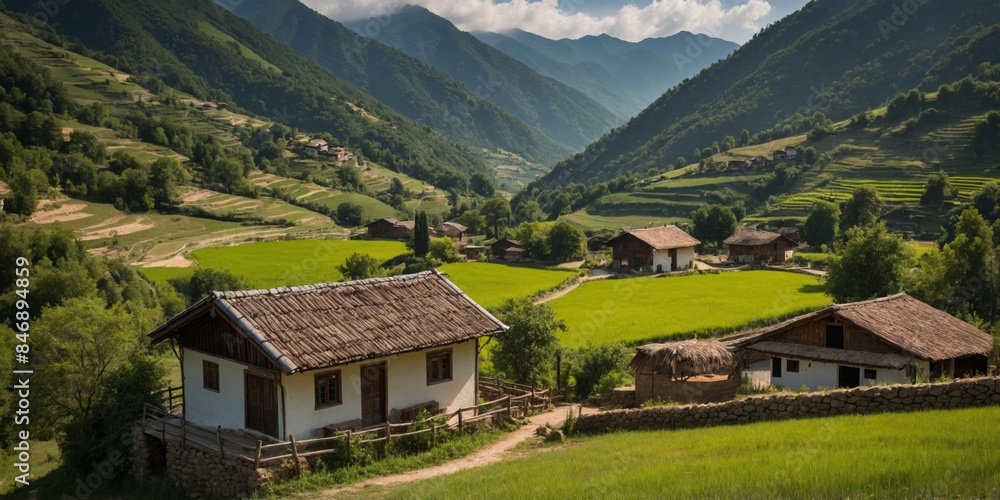 Tranquil scene of a rural village with thatched houses and lush greenery against mountains Tranquil scene of a rural village with thatched houses and lush greenery against mountains