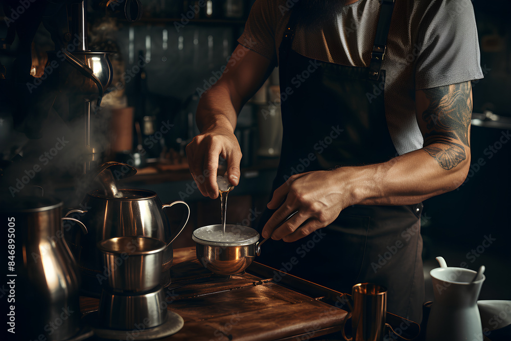 Men barista making a drip coffee, pouring hot water from kettle over a ground coffee powder Men barista making a drip coffee, pouring hot water from kettle over a ground coffee powder