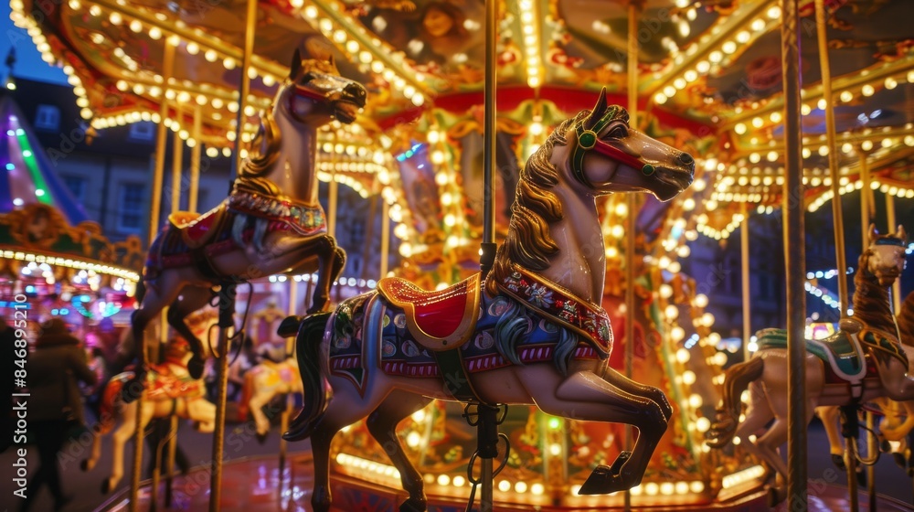 A merry-go-round with horses and people riding it A merry-go-round with horses and people riding it