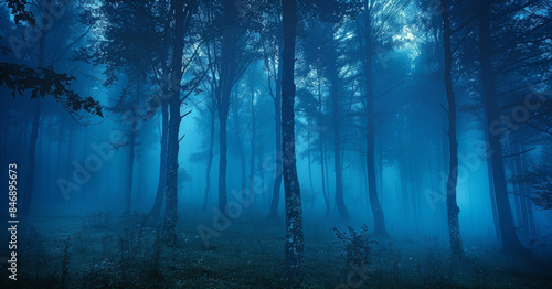 A forest at night with trees whose trunks can be seen and fog, all in a dark blue. Generative AI.