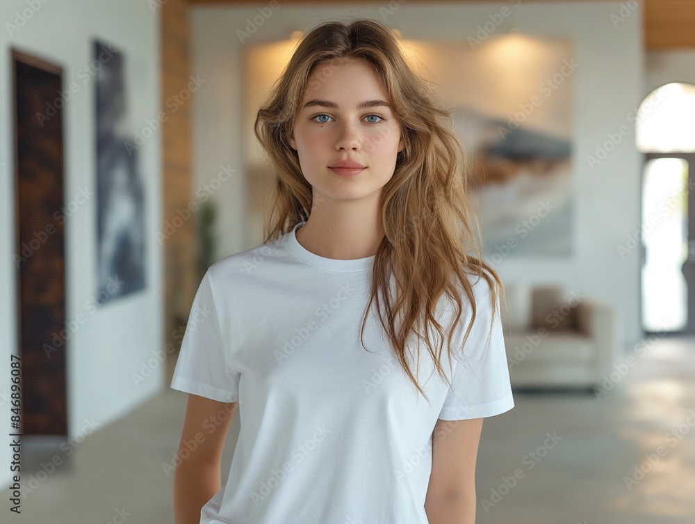Young Woman in White T-Shirt Indoors Young Woman in White T-Shirt Indoors