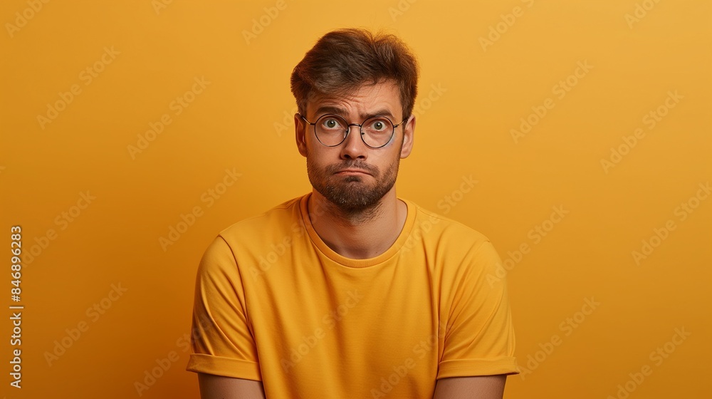 Confused Man in Glasses on Yellow Background Confused Man in Glasses on Yellow Background
