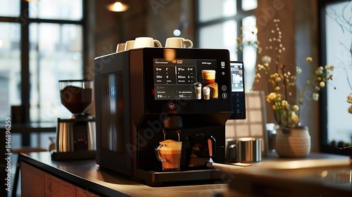 Coffee machine with touchscreen display on a table making coffee : Generative AI