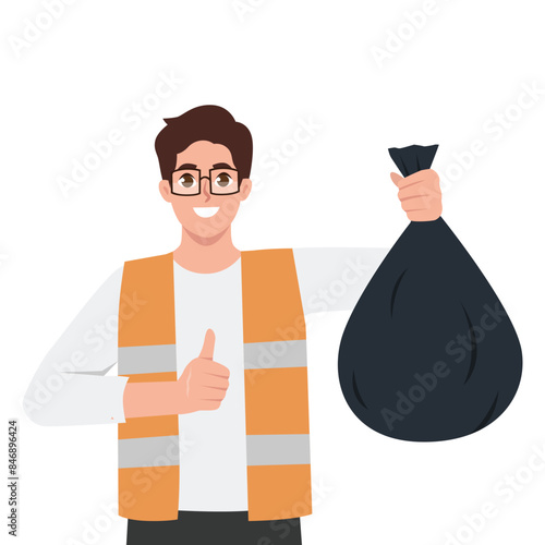 Man in a vest holding a black plastic bin bag. Flat vector illustration isolated on white background
