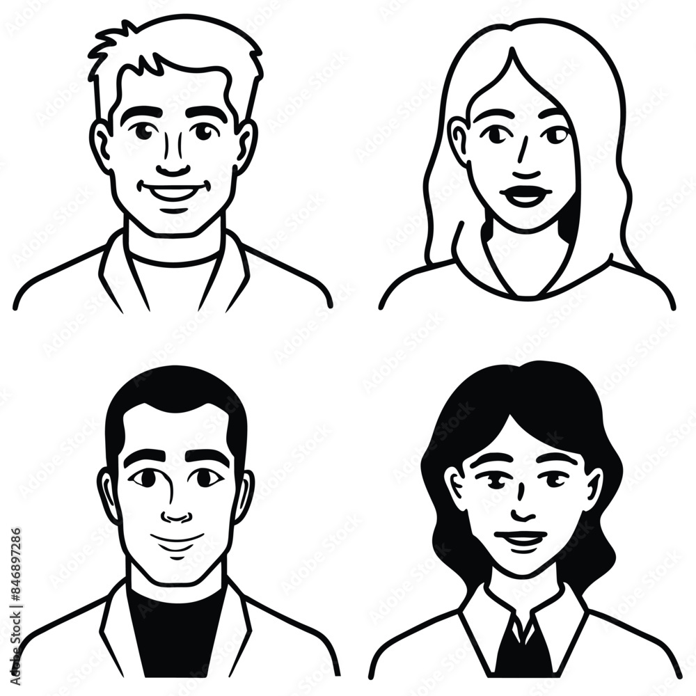 Four pop art style character illustrations. Two male and two female characters are isolated on a white background. Generative AI Four pop art style character illustrations. Two male and two female characters are isolated on a white background. Generative AI