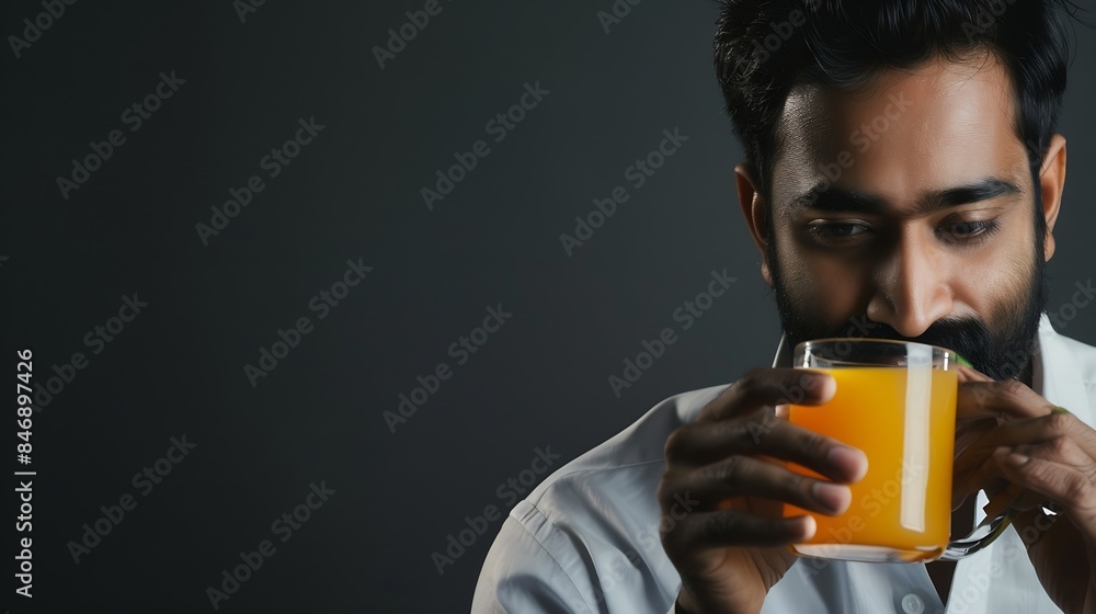 Indian mid age handsome man drinking fresh juice in a glass : Generative AI Indian mid age handsome man drinking fresh juice in a glass : Generative AI