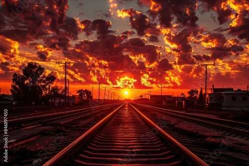dramatic sunset over railway tracks transportation and travel concept © Jelena
