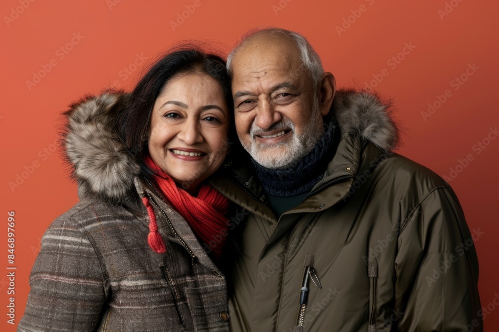 Portrait of a blissful indian couple in their 50s wearing a warm parka in solid color backdrop Portrait of a blissful indian couple in their 50s wearing a warm parka in solid color backdrop