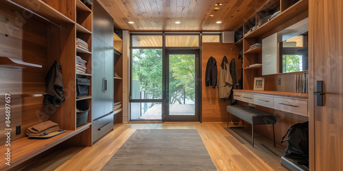 Wallpaper Mural Stilvolles, modernes Interieur im Eingangsbereich aus Holz mit gemütlichem Holzton, zeitgenössisches Zuhause, Garderobe im Flur Torontodigital.ca