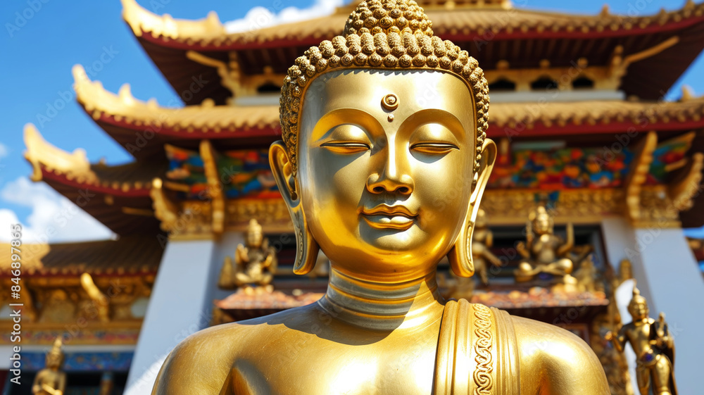 head of a golden buddha statue close-up against the background of Chinese buildings head of a golden buddha statue close-up against the background of Chinese buildings