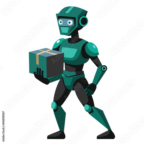 A digitally illustrated green robot, wearing a helmet, carries a package in its right hand, ready for delivery. Generative AI