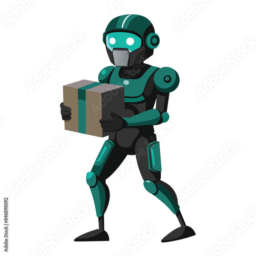 A teal-colored robot in a warehouse setting carries a brown package. The robots arms are outstretched, carrying the package. Generative AI