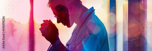 Silhouetted Hospital Chaplain Offering Compassionate Spiritual Support and Guidance to Patients in Need,with Vibrant Double-Exposure Lighting and Copy Space photo