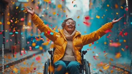 A happy disabled woman in a wheelchair has won. Confetti, positivity, celebration. photo