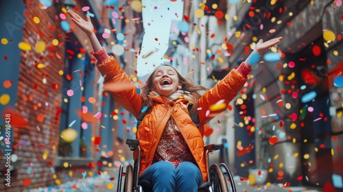 A happy disabled woman in a wheelchair has won. Confetti, positivity, celebration. photo